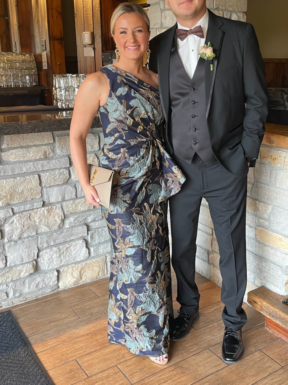 Adrianna Papell One-Shoulder Navy and Gold Floral Jacquard Gown - Picture 6 of 6